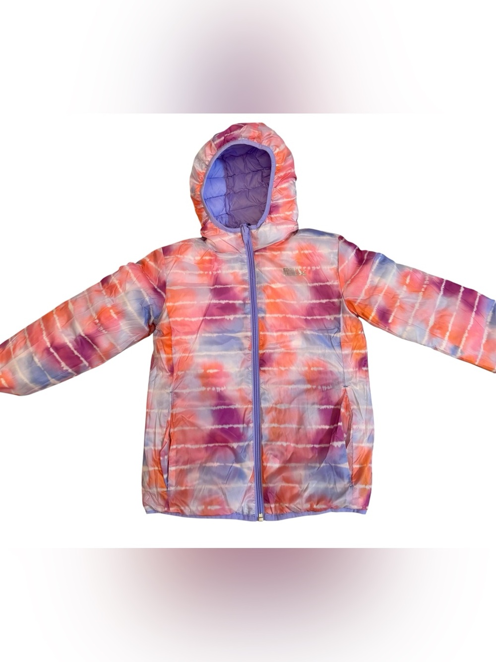 Kids Reversible Cirruslite Down Hooded Jacket. Lavender/multi . Size XS. NWT